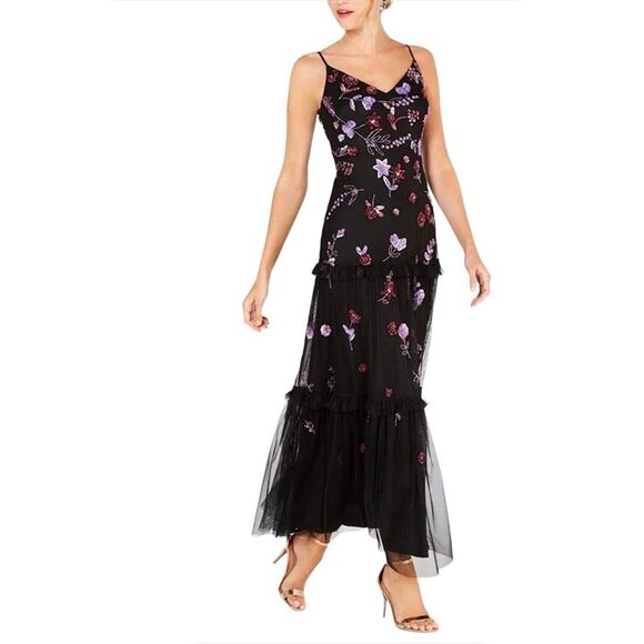 ADRIANNA PAPELL Embroidered Purple Beaded Floral Maxi Gown Dress – US 14 - Picture 5 of 9